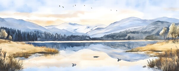 Obraz premium Serene Mountain Lake Watercolor Landscape