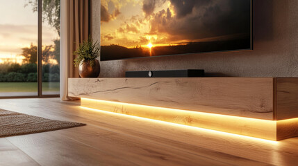modern living room featuring mounted TV on floating wood grain console, illuminated by warm LED lights, with beautiful sunset view through large windows