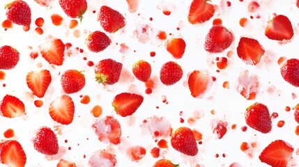 Fototapeta premium Fresh Red Strawberries and Juicy Slices on White Background