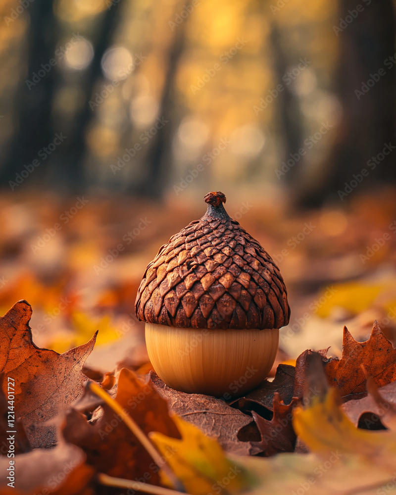 Aufkleber Close-up of a textured acorn surrounded by colorful autumn leaves in a forest setting