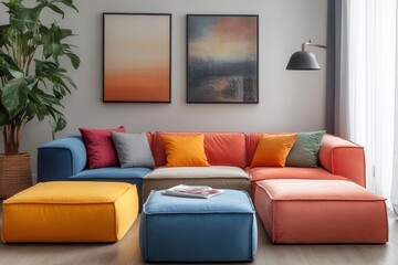 Stylish minimalist japandi interior design living room modern home furniture arrangement cozy atmosphere wide angle aesthetic harmony