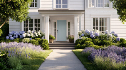 beautiful coastal colonial house with white siding, light blue door, and vibrant flower gardens. lush greenery and blooming hydrangeas create welcoming atmosphere