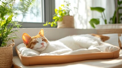 This image captures a peaceful cat enjoying a sunny spot while sleeping comfortably on a soft bed, surrounded by indoor plants, radiating calmness and warmth.