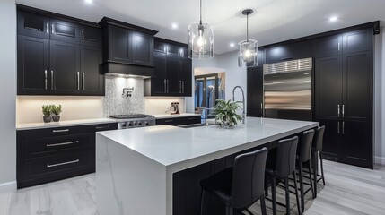 Modern Kitchen Design:  A sleek and stylish modern kitchen features a large island with white countertops and black cabinets. The space is bright and airy.