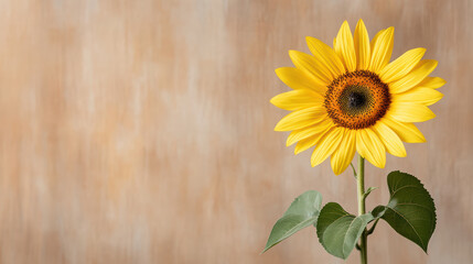 bright yellow sunflower stands tall against warm brown background, radiating joy