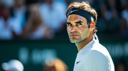 The Focus of a Champion: A close-up portrait of a legendary tennis player, his eyes intense and focused, displaying the unwavering dedication and grit of a true champion.