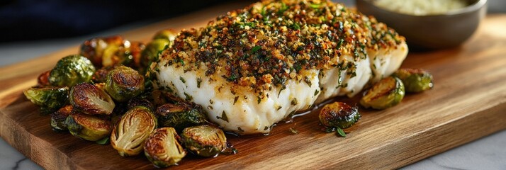 Herb-crusted baked cod with roasted Brussels sprouts and a lemon garlic dressing, plated on a rustic wooden board