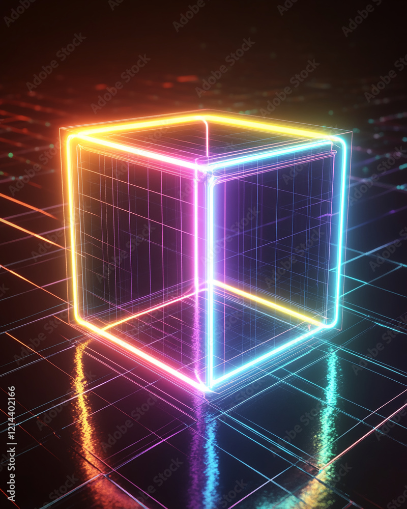 Poster neon glowing cube on a reflective surface in a futuristic digital grid background