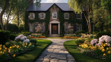 Obraz premium beautiful colonial house with symmetrical windows, surrounded by vibrant garden filled with colorful flowers and stone path leading to entrance