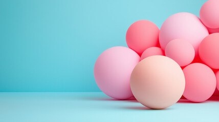 Fototapeta premium Colorful spheres in soft pink and peach tones against light blue background create playful and modern aesthetic. This minimalist design evokes sense of calm and creativity