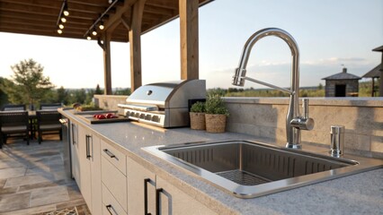 A large sink with a polished faucet is conveniently positioned next to the grilling station allowing for easy cleanup and food preparation under the open sky.