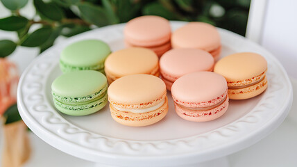 Obraz premium Colorful macarons displayed on white plate, showcasing pastel shades of green, orange, and peach. arrangement is visually appealing, perfect for dessert lovers