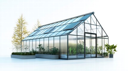 Fototapeta premium Modern Greenhouse: A sleek, contemporary greenhouse with a black metal frame and glass panels stands against a minimalist backdrop. Sunbeams stream through the transparent roof.