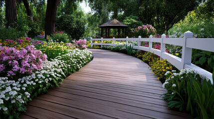 Obraz premium charming garden with colorful flowers and quaint gazebo invites tranquility