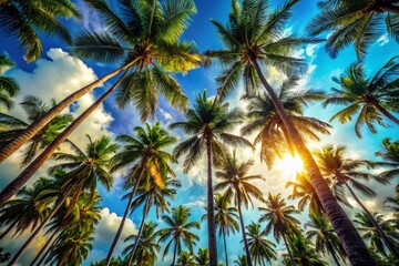 Lush Palm Trees Against Vibrant Blue Sky: Exotic Tropical Paradise Stock Photo