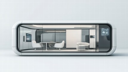Futuristic Modular Living: A sleek, modern, and futuristic modular home design. The all-glass exterior offers panoramic views of the surrounding environment.