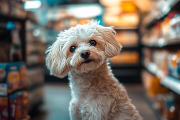 Cute dog in supermarket with shelves of food on blurry background