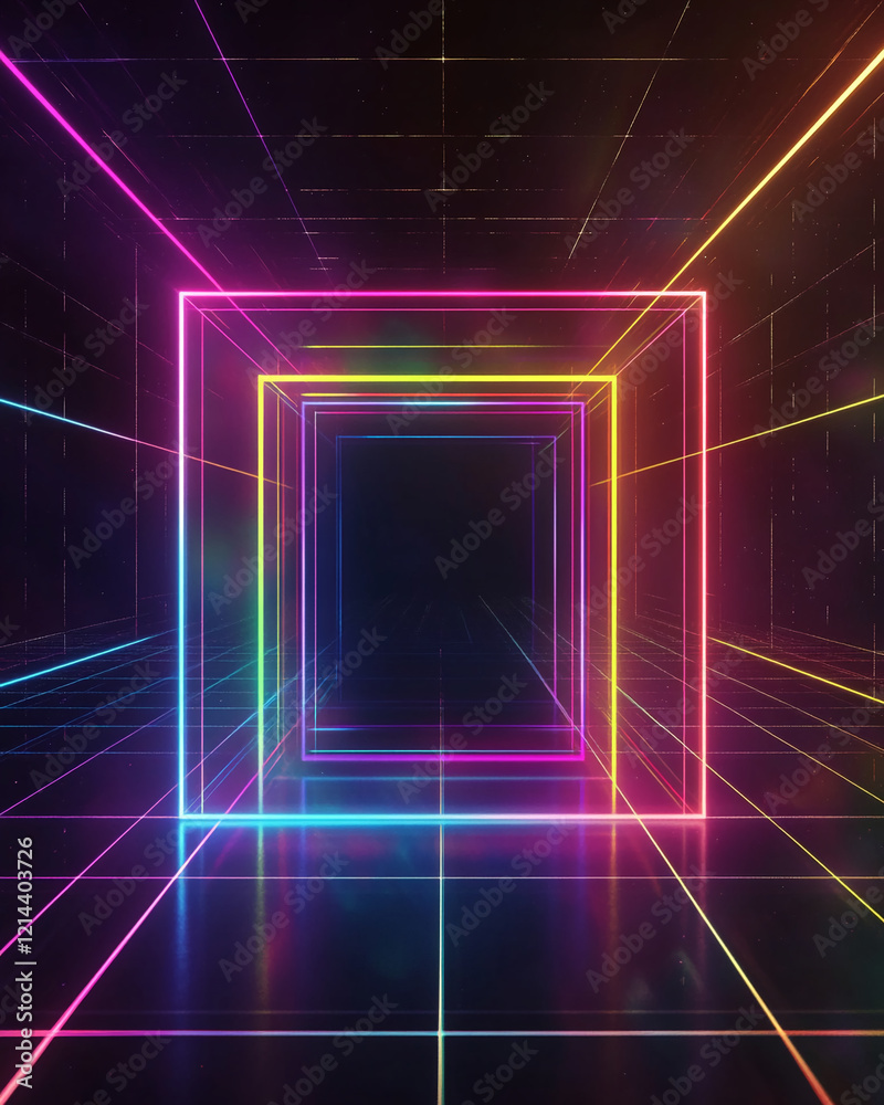 Poster neon tunnel with glowing geometric lines in a futuristic digital environment