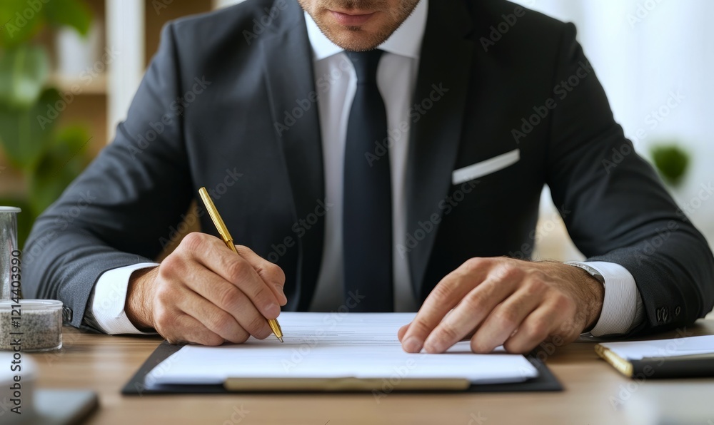 Wall mural Professional Man in a Suit Signing Documents at a Minimalistic Office Desk with Natural Elements