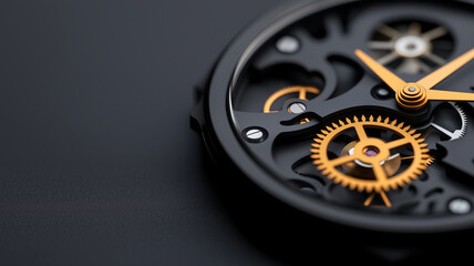 Close up of intricate watch mechanism showcasing gears and details, highlighting craftsmanship and precision in design. contrast of black and orange adds striking visual appeal