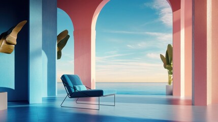 Fototapeta na wymiar Ocean view lounge chair in pastel archway