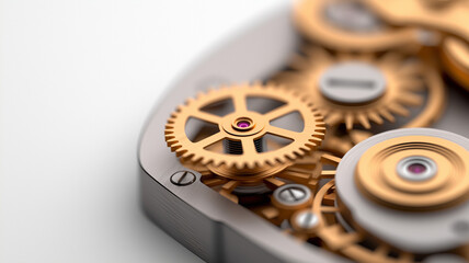 Close up of intricate watch mechanism showcasing golden gears and cogs, highlighting craftsmanship and precision in timekeeping. detailed design evokes sense of elegance and complexity