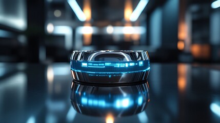 Fototapeta premium Futuristic smart ring with digital data and holographic projections, placed in a sleek, modern office setting for a high-tech look.