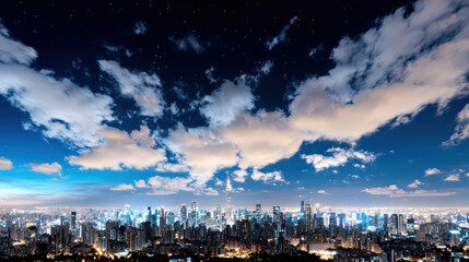Fototapeta premium city skyline with clear view of stars at night, showcasing vibrant lights and clouds
