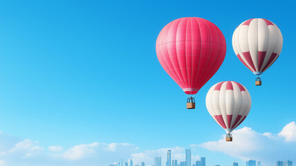 Fototapeta premium Colorful hot air balloons float against clear blue sky, creating vibrant scene above city skyline. balloons bright colors add joy and excitement to tranquil atmosphere