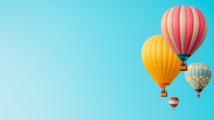 Fototapeta premium Colorful hot air balloons floating against clear blue sky create vibrant and cheerful atmosphere. balloons showcase various patterns and colors, enhancing visual appeal