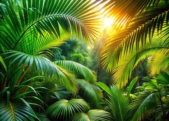 Fototapeta premium Lush Tropical Palm Foliage Panoramic: Vibrant Green Paradise Background
