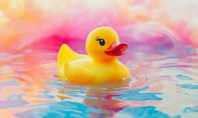 Colorful yellow rubber duck toy floating on a white background during a playful setting