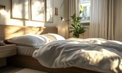 Comfortable bed with soft white pillows and bedding in bed Forced Perspective