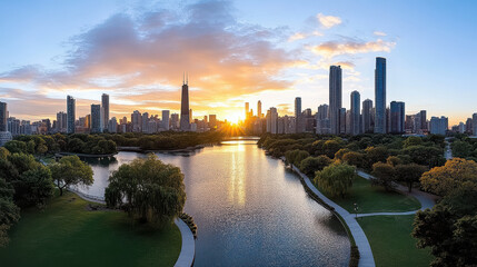 Naklejka premium stunning city skyline at sunset with river and lush greenery