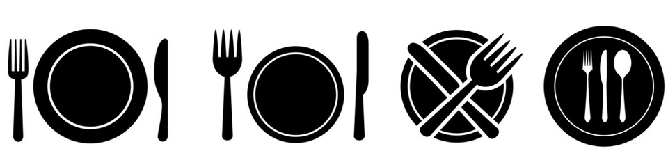 Plate, spoon and fork vector icon set. restaurant illustration sign collection. onboard food menu symbol.