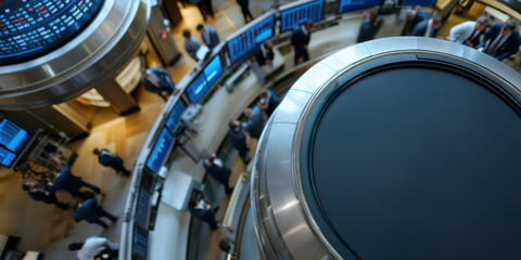A bustling trading floor with professionals engaged in stock market activities, surrounded by screens displaying financial data and trends.
