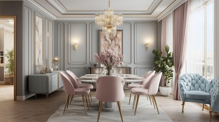 A large, elegant dining room with a chandelier and a pink couch. The room is decorated in a sophisticated style, with a pink chair and a pink couch. The dining table is surrounded by several chairs