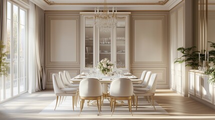 A large, elegant dining room with a long table and many chairs. The table is set with white plates and silverware, and there are several vases and potted plants scattered throughout the room