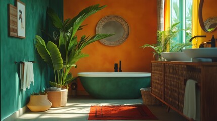 A bathroom with a green bathtub and a mirror. The bathroom is decorated with plants and has a tropical feel