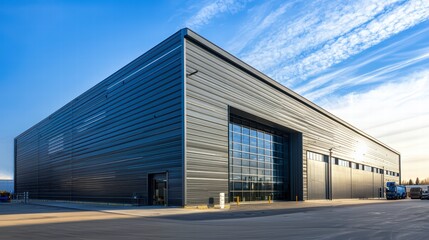 Modern Industrial Building: A sleek, contemporary industrial building with expansive glass doors and dark metal cladding stands majestically against a vibrant blue sky.
