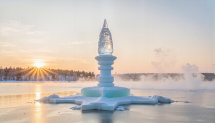 Icy puja lamp at dawn over frozen lake, ethereal spirituality