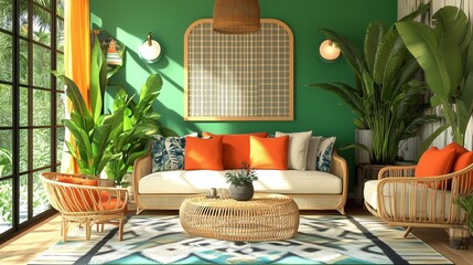 A living room with a green wall and a large plant in the corner. The room is decorated with a variety of furniture, including a couch, chairs, and a coffee table. The room has a tropical feel