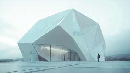 Modern Facet Building: A futuristic architectural marvel, a minimalist building with a striking faceted exterior design.  A lone figure stands before it.