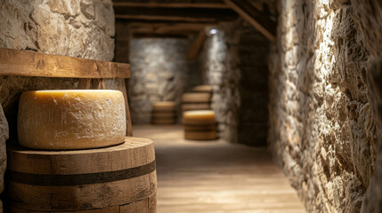 Naklejka premium Rustic Cheese Room with Wooden Barrels and Wheels of Cheese in Stone Environment