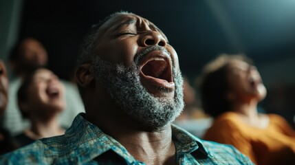 A captivating scene depicting a man deeply engaged in a singing performance, expressing raw emotions that resonate with the audience, surrounded by a vibrant atmosphere.