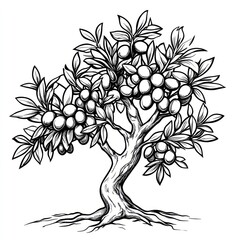 Ink drawing of a fruit tree laden with berries
