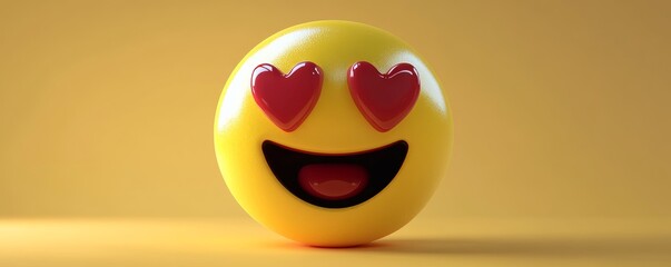 Loving yellow emoji displaying heart-shaped eyes, beaming with joy against bright yellow backdrop