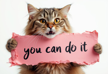 Positive, confident and encouraging message. Cat showing sign with text " You can do it ".  
