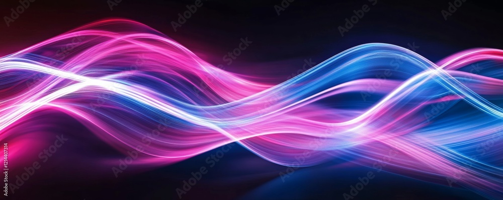 Wall mural flowing pink and blue light trails creating an abstract wavy pattern on a dark background, perfect f