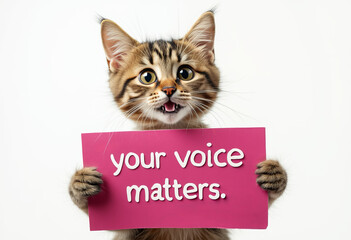" Your voice matters" :  banner hold by cute kitten isolated on white background. Concept of animals showing motivational or encouraging text messages. 